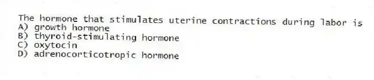 The hormone that stimulates uterine contractions during labor is
A) growth hormone
B) thyroid-stimulating hormone
C) oxytocin
D) adrenocorticotropic hormone