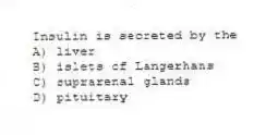 Insulin is secreted by the
A) liver
B) islets of Langerhans
C) suprarenal glands
D) pituitary