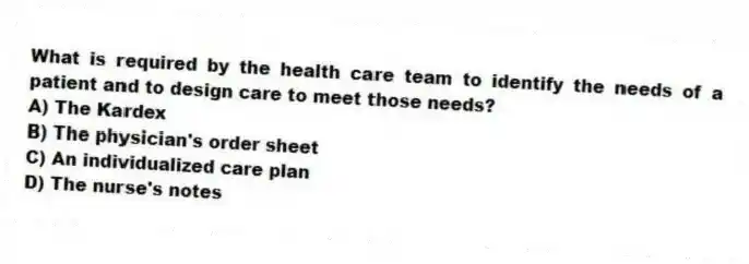 What is required by the health care team to identify the needs of a patient and to design care to meet those needs?
A) The Kardex
B) The physician's order sheet
C) An individualized care plan
D) The nurse's notes