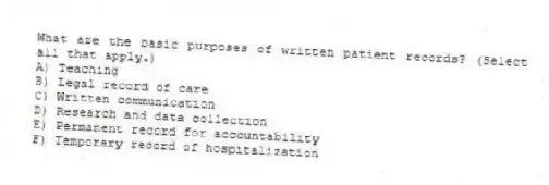 What are the basic purposes of written patient records? (Select all that apply.)
A) Teaching
B) Legal record of care
C) Written communication
D) Research and data collection
E) Permanent record for accountability
F) Temporary record of hospitalization