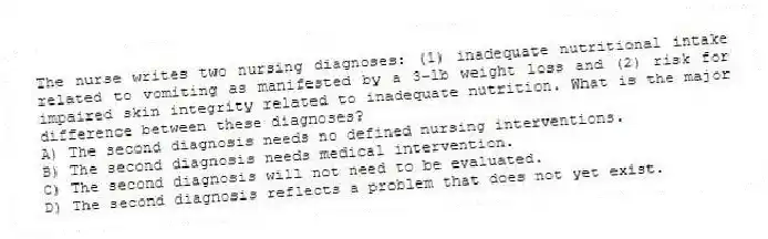 The nurse writes two nursing diagnoses: (1) inadequate nutritional intake related to vomiting as manifested by a 3-lb weight loss and (2) risk for impaired skin integrity related to inadequate nutrition. What is the major difference between these diagnoses?
A) The second diagnosis needs no defined nursing interventions.
B) The second diagnosis needs medical intervention.
C) The second diagnosis will not need to be evaluated.
D) The second diagnosis reflects a problem that does not yet exist.