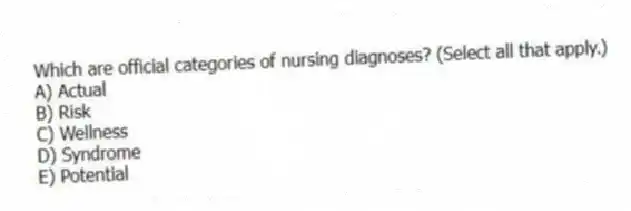 Which are official categories of nursing diagnoses? (Select all that apply.)
A) Actual
B) Risk
C) Wellness
D) Syndrome
E) Potential