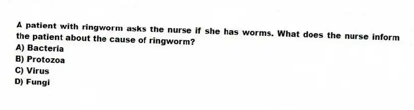 A patient with ringworm asks the nurse if she has worms. What does the nurse inform the patient about the cause of ringworm?
A) Bacteria
B) Protozoa
C) Virus
D) Fungi