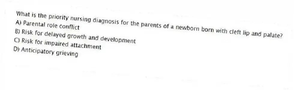 What is the priority nursing diagnosis for the parents of a newborn born with cleft lip and palate?
A) Parental role conflict
B) Risk for delayed growth and development
C) Risk for impaired attachment
D) Anticipatory grieving