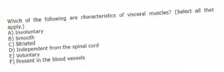 Which of the following are characteristics of visceral muscles? (Select all that apply.)
A) Involuntary
B) Smooth
C) Striated
D) Independent from the spinal cord
E) Voluntary
F) Present in the blood vessels
