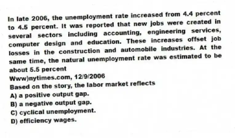 In late 2006, the unemployment rate increased from 4.4 percent to 4.5 percent. It was reported that new jobs were created in several sectors including accounting, engineering services, computer design and education. These increases offset job losses in the construction and automobile industries. At the same time, the natural unemployment rate was estimated to be about 5.5 percent
Www)nytimes.com, 12/9/2006
Based on the story, the labor market reflects
A) a positive output gap.
B) a negative output gap.
C) cyclical unemployment.
D) efficiency wages.