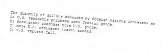 The quantity of dollars demanded by foreign nations increases as
A) U.S. residents purchase more foreign goods.
B) foreigners purchase more U.S. goods.
C) more U.S. residents travel abroad.
D) U.S. exports fall.