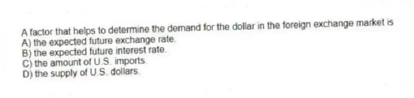 A factor that helps to determine the demand for the dollar in the foreign exchange market is
A) the expected future exchange rate.
B) the expected future interest rate.
C) the amount of U.S. imports.
D) the supply of U.S. dollars.