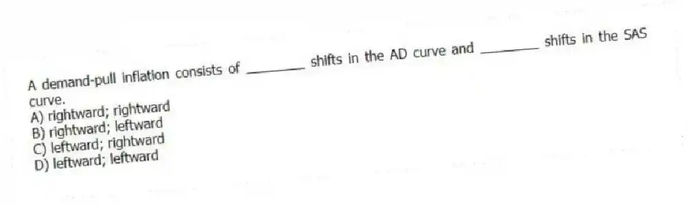 A demand-pull inflation consists of ________ shifts in the AD curve and ________ shifts in the SAS curve.
A) rightward; rightward
B) rightward; leftward
C) leftward; rightward
D) leftward; leftward