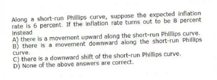 Along a short-run Phillips curve, suppose the expected inflation rate is 6 percent. If the inflation rate turns out to be 8 percent instead
A) there is a movement upward along the short-run Phillips curve.
B) there is a movement downward along the short-run Phillips curve.
C) there is a downward shift of the short-run Phillips curve.
D) None of the above answers are correct.