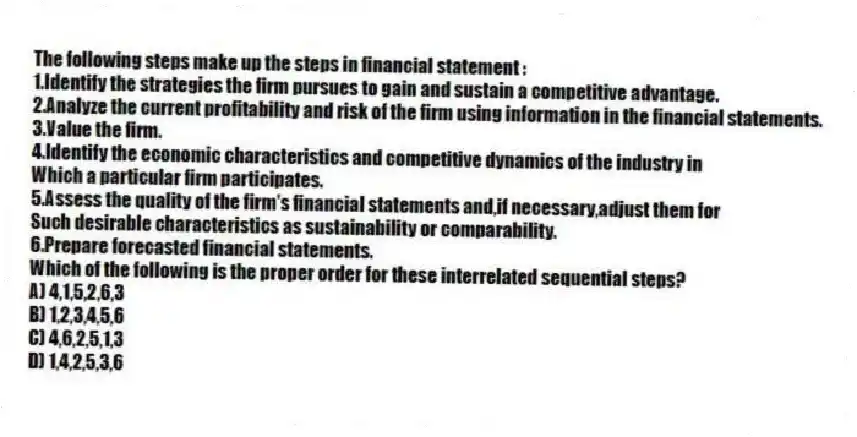 The following steps make up the steps in financial statement :
1.Identify the strategies the firm pursues to gain and sustain a competitive advantage.
2.Analyze the current profitability and risk of the firm using information in the financial statements.
3.Value the firm.
4.Identify the economic characteristics and competitive dynamics of the industry in
Which a particular firm participates.
5.Assess the quality of the firm's financial statements and,if necessary,adjust them for
Such desirable characteristics as sustainability or comparability.
6.Prepare forecasted financial statements.
Which of the following is the proper order for these interrelated sequential steps?
A) 4,1,5,2,6,3
B) 1,2,3,4,5,6
C) 4,6,2,5,1,3
D) 1,4,2,5,3,6