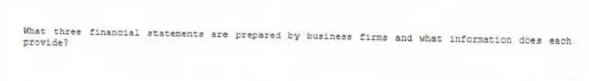 What three financial statements are prepared by business firms and what information does each provide?