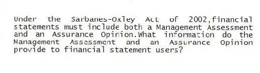 Under the Sarbanes-Oxley Act of 2002,financial statements must include both a Management Assessment and an Assurance Opinion.What information do the Management Assessment and an Assurance Opinion provide to financial statement users?