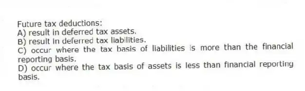 Future tax deductions:
A) result in deferred tax assets.
B) result in deferred tax liabilities.
C) occur where the tax basis of liabilities is more than the financial reporting basis.
D) occur where the tax basis of assets is less than financial reporting basis.