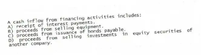 A cash inflow from financing activities includes:
A) receipt of interest payments.
B) proceeds from selling equipment.
C) proceeds from issuance of bonds payable.
D) proceeds from selling investments in equity securities of another company.