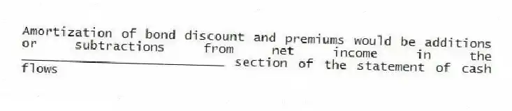 Amortization of bond discount and premiums would be additions or subtractions from net income in the ___________________________ section of the statement of cash flows