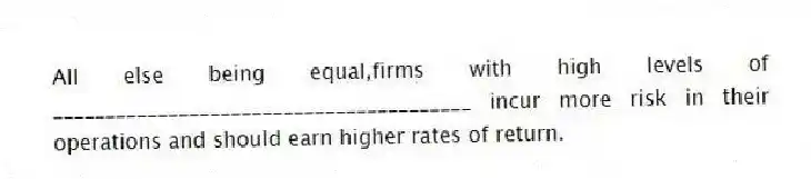 All else being equal,firms with high levels of ________________________________________ incur more risk in their operations and should earn higher rates of return.