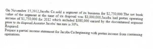 On November 15,2012,Jacobs Co.sold a segment of its business for $2,750,000.The net book value of the segment at the time of its disposal was $3,000,000.Jacobs had pretax operating income of $1,750,000 for 2012 which included $380,000 earned by the discontinued segment prior to its disposal.Assume Jacobs' tax rate is 30%.
Required:
Prepare a partial income statement for Jacobs Co.beginning with pretax income from continuing operations.