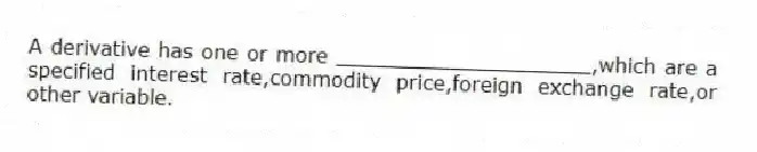 A derivative has one or more ____________________,which are a specified interest rate,commodity price,foreign exchange rate,or other variable.