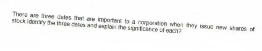 There are three dates that are important to a corporation when they issue new shares of stock.Identify the three dates and explain the significance of each?