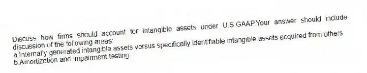 Discuss how firms should account for intangible assets under U.S.GAAP.Your answer should include discussion of the following areas:
a.Internally generated intangible assets versus specifically identifiable intangible assets acquired from others
b.Amortization and impairment testing