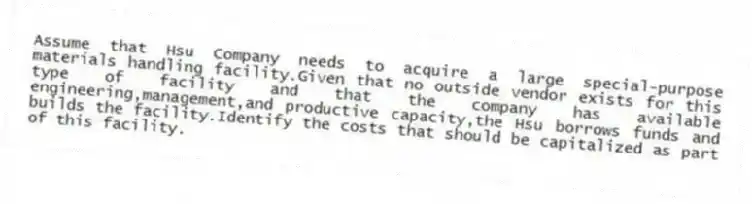Assume that Hsu Company needs to acquire a large special-purpose materials handling facility.Given that no outside vendor exists for this type of facility and that the company has available engineering,management,and productive capacity,the Hsu borrows funds and builds the facility.Identify the costs that should be capitalized as part of this facility.