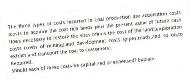 The three types of costs incurred in coal production are acquisition costs (costs to acquire the coal rich lands plus the present value of future cash flows necessary to restore the sites minus the cost of the land),exploration costs (costs of mining),and development costs (pipes,roads,and so on,to extract and transport the coal to customers).
Required:
Should each of these costs be capitalized or expensed? Explain.