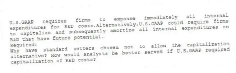 U.S.GAAP requires firms to expense immediately all internal expenditures for R&D costs.Alternatively,U.S.GAAP could require firms to capitalize and subsequently amortize all internal expenditures on R&D that have future potential.
Required:
Why have standard setters chosen not to allow the capitalization alternative? How would analysts be better served if U.S.GAAP required capitalization of R&D costs?