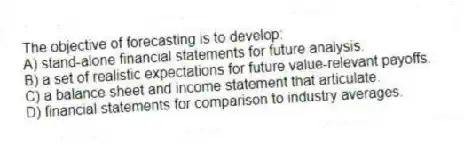 The objective of forecasting is to develop:
A) stand-alone financial statements for future analysis.
B) a set of realistic expectations for future value-relevant payoffs.
C) a balance sheet and income statement that articulate.
D) financial statements for comparison to industry averages.