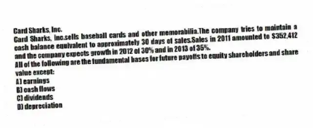 Card Sharks, Inc.
Card Sharks, Inc.sells baseball cards and other memorabilia.The company tries to maintain a cash balance equivalent to approximately 30 days of sales.Sales in 2011 amounted to $352,412 and the company expects growth in 2012 of 30% and in 2013 of 35%.
-All of the following are the fundamental bases for future payoffs to equity shareholders and share value except:
A) earnings
B) cash flows
C) dividends
D) depreciation