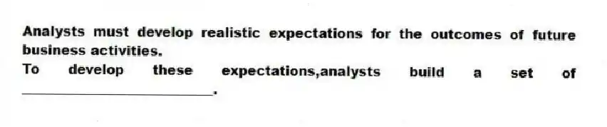 Analysts must develop realistic expectations for the outcomes of future business activities.
To develop these expectations,analysts build a set of _____________________________.