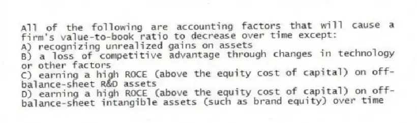 All of the following are accounting factors that will cause a firm's value-to-book ratio to decrease over time except:
A) recognizing unrealized gains on assets
B) a loss of competitive advantage through changes in technology or other factors
C) earning a high ROCE (above the equity cost of capital) on off-balance-sheet R&D assets
D) earning a high ROCE (above the equity cost of capital) on off-balance-sheet intangible assets (such as brand equity) over time