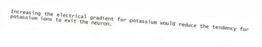 Increasing the electrical gradient for potassium would reduce the tendency for potassium ions to exit the neuron.