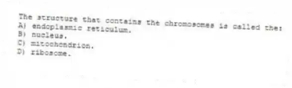 The structure that contains the chromosomes is called the:
A) endoplasmic reticulum.
B) nucleus.
C) mitochondrion.
D) ribosome.
