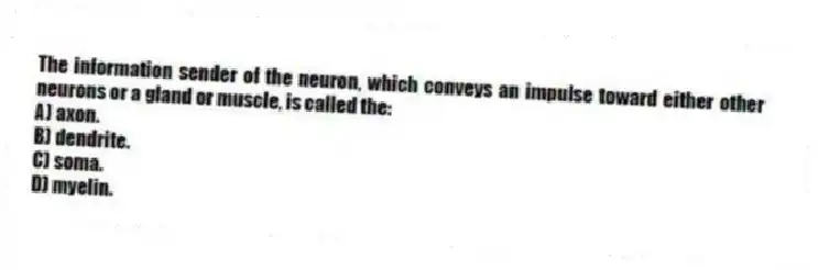 The information sender of the neuron, which conveys an impulse toward either other neurons or a gland or muscle, is called the:
A) axon.
B) dendrite.
C) soma.
D) myelin.