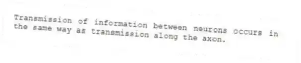 Transmission of information between neurons occurs in the same way as transmission along the axon.