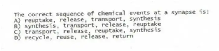 The correct sequence of chemical events at a synapse is:
A) reuptake, release, transport, synthesis
B) synthesis, transport, release, reuptake
C) transport, release, reuptake, synthesis
D) recycle, reuse, release, return