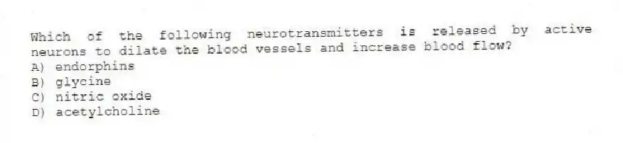 Which of the following neurotransmitters is released by active neurons to dilate the blood vessels and increase blood flow?
A) endorphins
B) glycine
C) nitric oxide
D) acetylcholine