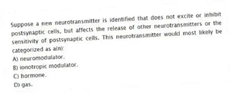 Suppose a new neurotransmitter is identified that does not excite or inhibit postsynaptic cells, but affects the release of other neurotransmitters or the sensitivity of postsynaptic cells. This neurotransmitter would most likely be categorized as a(n):
A) neuromodulator.
B) ionotropic modulator.
C) hormone.
D) gas.