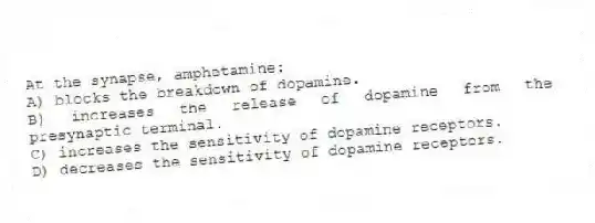 At the synapse, amphetamine:
A) blocks the breakdown of dopamine.
B) increases the release of dopamine from the presynaptic terminal.
C) increases the sensitivity of dopamine receptors.
D) decreases the sensitivity of dopamine receptors.