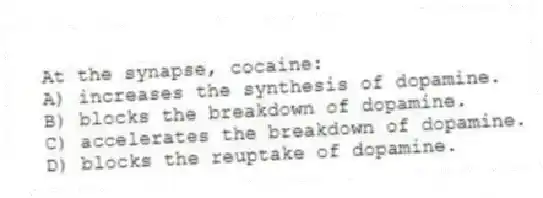 At the synapse, cocaine:
A) increases the synthesis of dopamine.
B) blocks the breakdown of dopamine.
C) accelerates the breakdown of dopamine.
D) blocks the reuptake of dopamine.