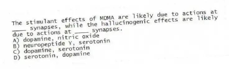 The stimulant effects of MDMA are likely due to actions at ____ synapses, while the hallucinogenic effects are likely due to actions at ____ synapses.
A) dopamine, nitric oxide
B) neuropeptide Y, serotonin
C) dopamine, serotonin
D) serotonin, dopamine