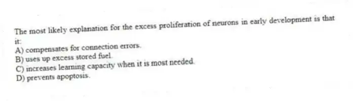 The most likely explanation for the excess proliferation of neurons in early development is that it:
A) compensates for connection errors.
B) uses up excess stored fuel.
C) increases learning capacity when it is most needed.
D) prevents apoptosis.