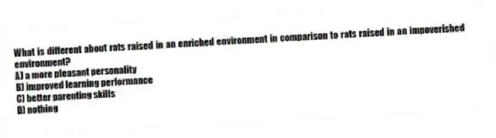 What is different about rats raised in an enriched environment in comparison to rats raised in an impoverished environment?
A) a more pleasant personality
B) improved learning performance
C) better parenting skills
D) nothing