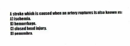 A stroke which is caused when an artery ruptures is also known as:
A) ischemia.
B) hemorrhage.
C) closed head injury.
D) penumbra.