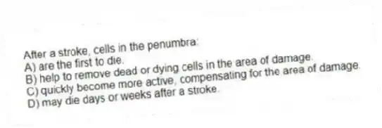 After a stroke, cells in the penumbra:
A) are the first to die.
B) help to remove dead or dying cells in the area of damage.
C) quickly become more active, compensating for the area of damage.
D) may die days or weeks after a stroke.