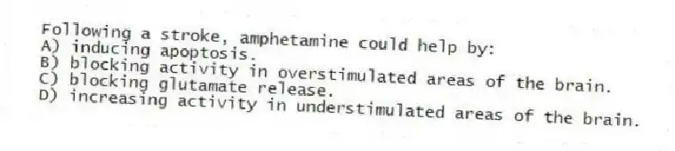 Following a stroke, amphetamine could help by:
A) inducing apoptosis.
B) blocking activity in overstimulated areas of the brain.
C) blocking glutamate release.
D) increasing activity in understimulated areas of the brain.