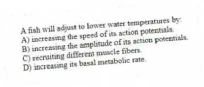 A fish will adjust to lower water temperatures by:
A) increasing the speed of its action potentials.
B) increasing the amplitude of its action potentials.
C) recruiting different muscle fibers.
D) increasing its basal metabolic rate.
