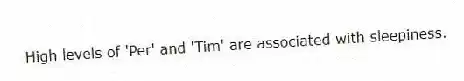 High levels of 'Per' and 'Tim' are associated with sleepiness.