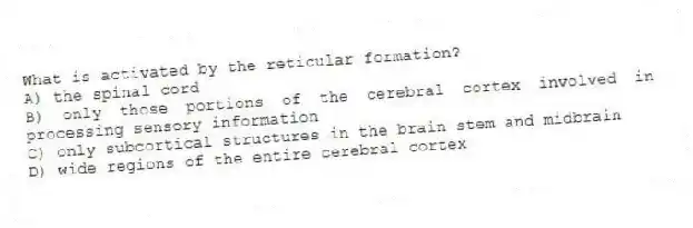 What is activated by the reticular formation?
A) the spinal cord
B) only those portions of the cerebral cortex involved in processing sensory information
C) only subcortical structures in the brain stem and midbrain
D) wide regions of the entire cerebral cortex